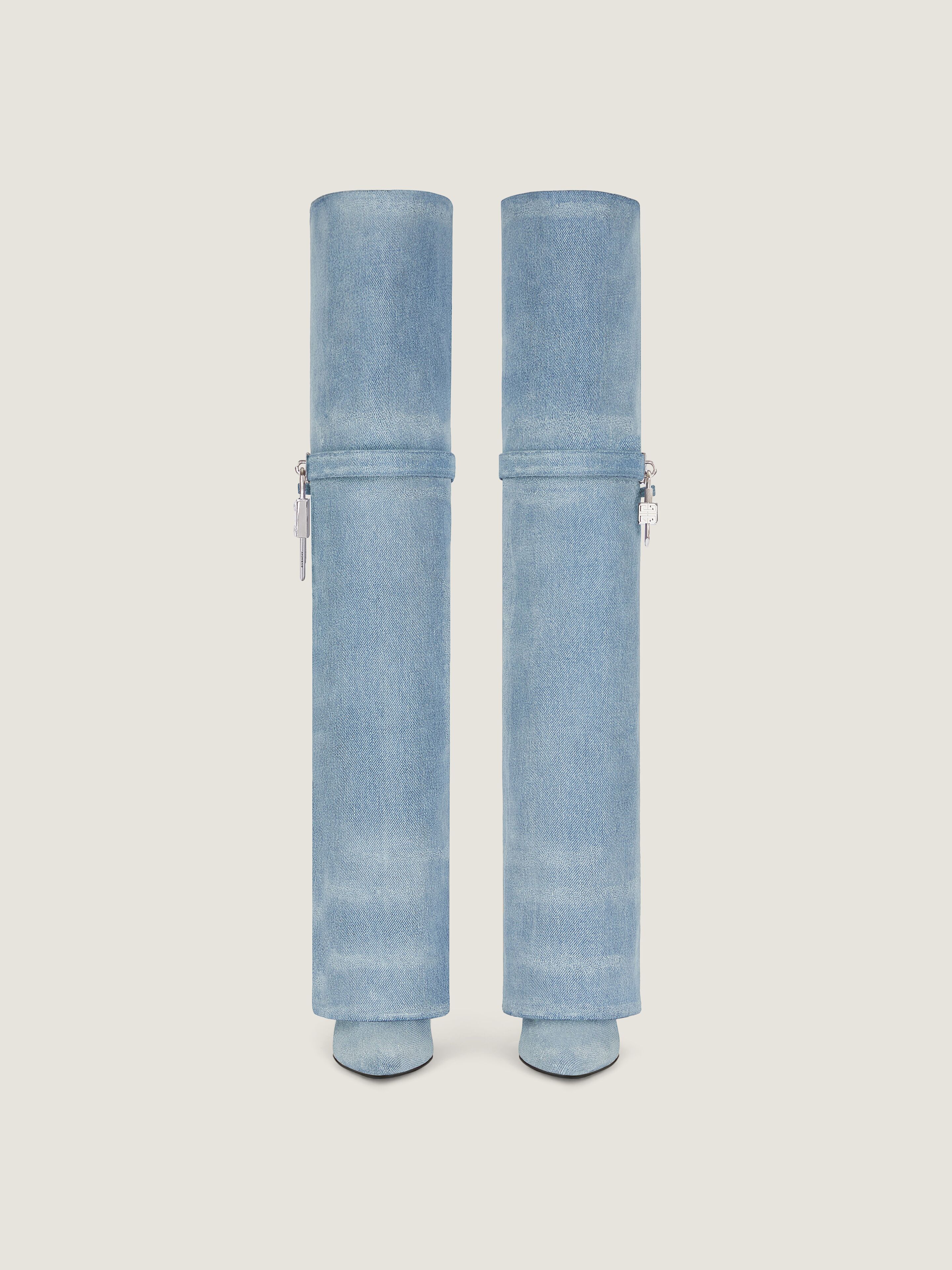 Shark Lock Stiletto over-the-knee boots in washed denim
